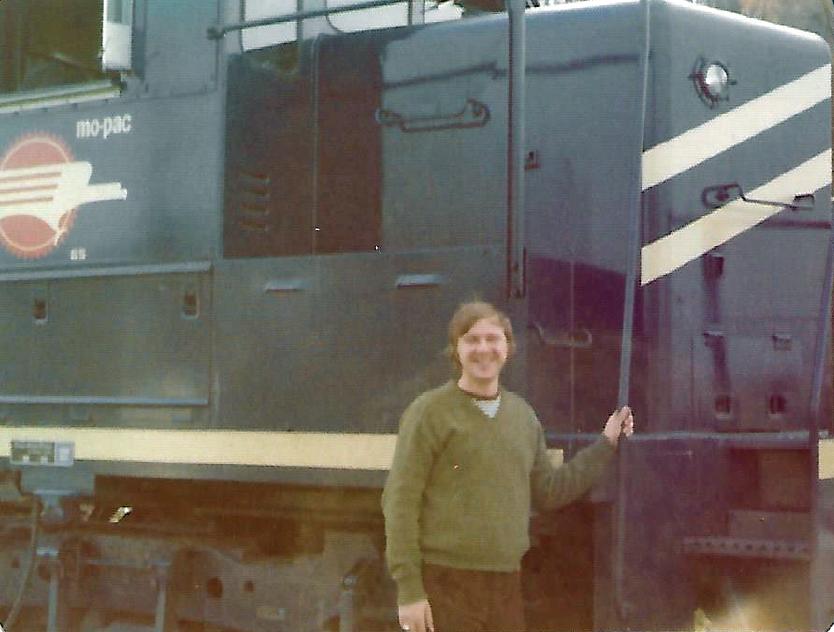 Locomotive Engineer Randy Smith in November 1974 next to a Missouri Pacific locomotive that took him on his regular route from Dupo, Illinois, to Poplar Bluff, Missouri.