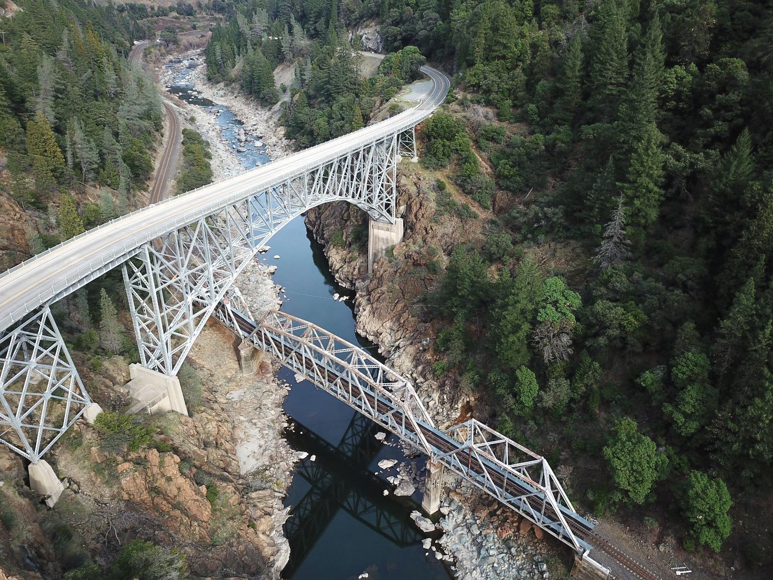 A Union Pacifc drone captured this image during a culvert inspection demonstration in Pulga, California.