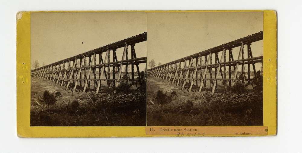 A stereo card of the trestle near the station at Auburn, CA