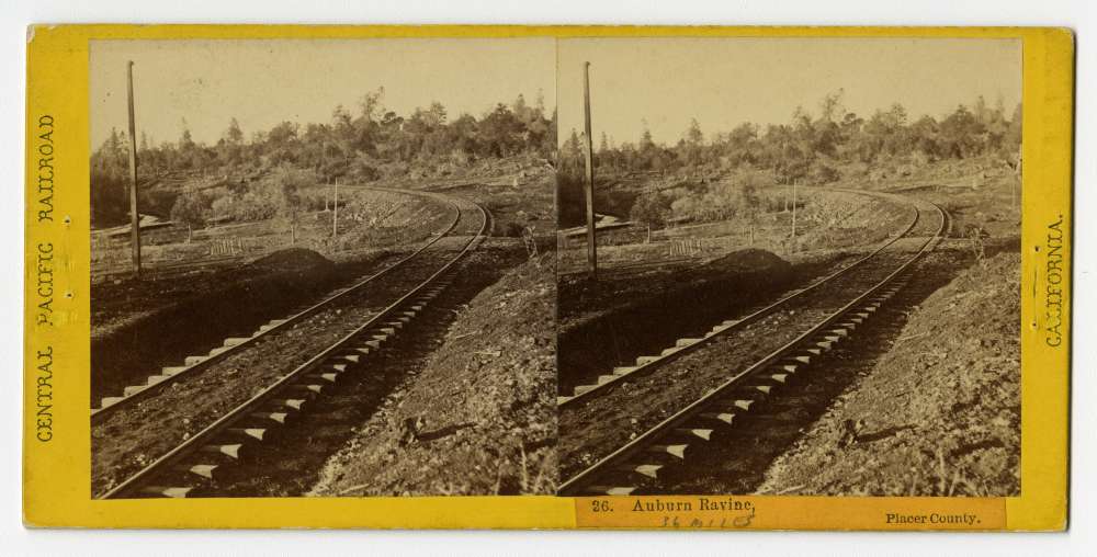 A stereo card of the tracks through Auburn Ravine