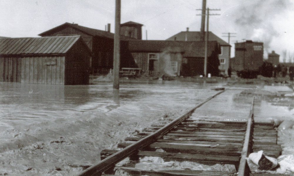 Nevada Central Railroad shop yard during the 1910 flood