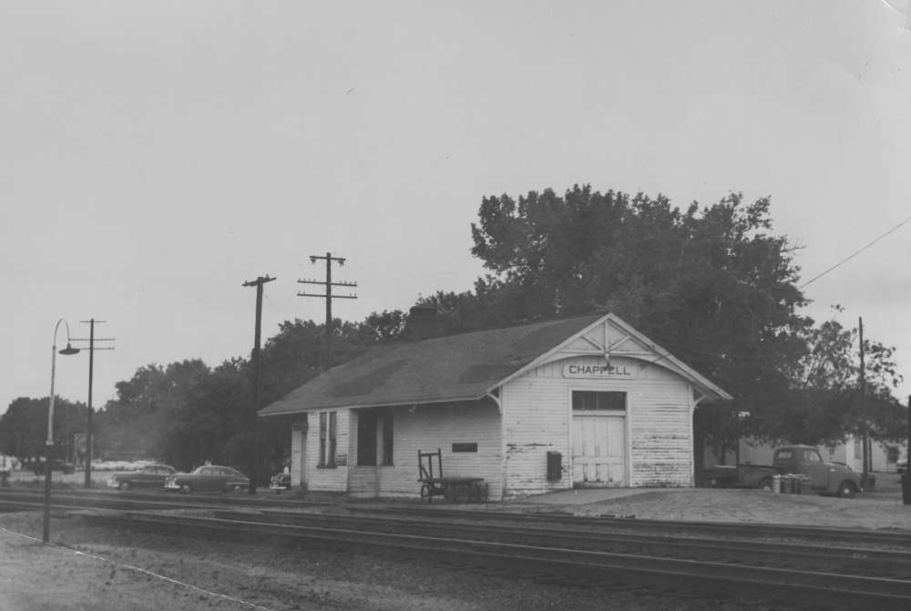 Photograph of a train station in Chappell, Nebraska, taken in June, 1962