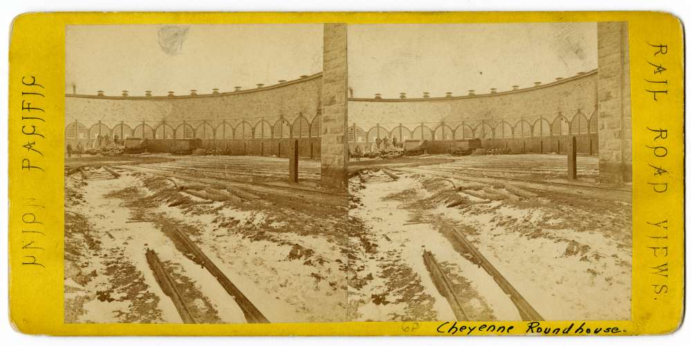A stereo card showing a Roundhouse in Cheyenne, WY