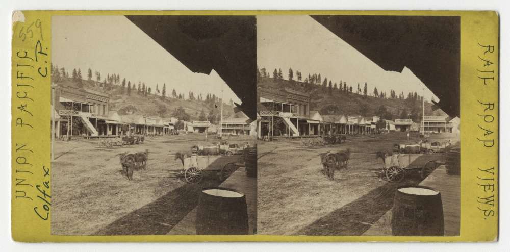 A stereo card showing Colfax Station in California