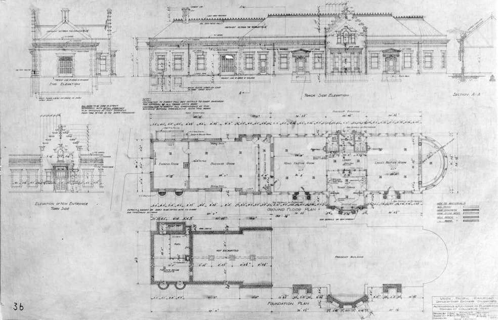 Engineering drawing of the Columbus, Nebraska depot