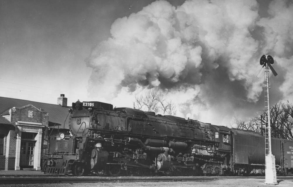Photograph of steam locomotive UP 3705 in Julesburg, Colorado, 1930