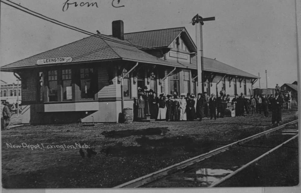 People posed in front of a new depot building in Lexington, Nebraska