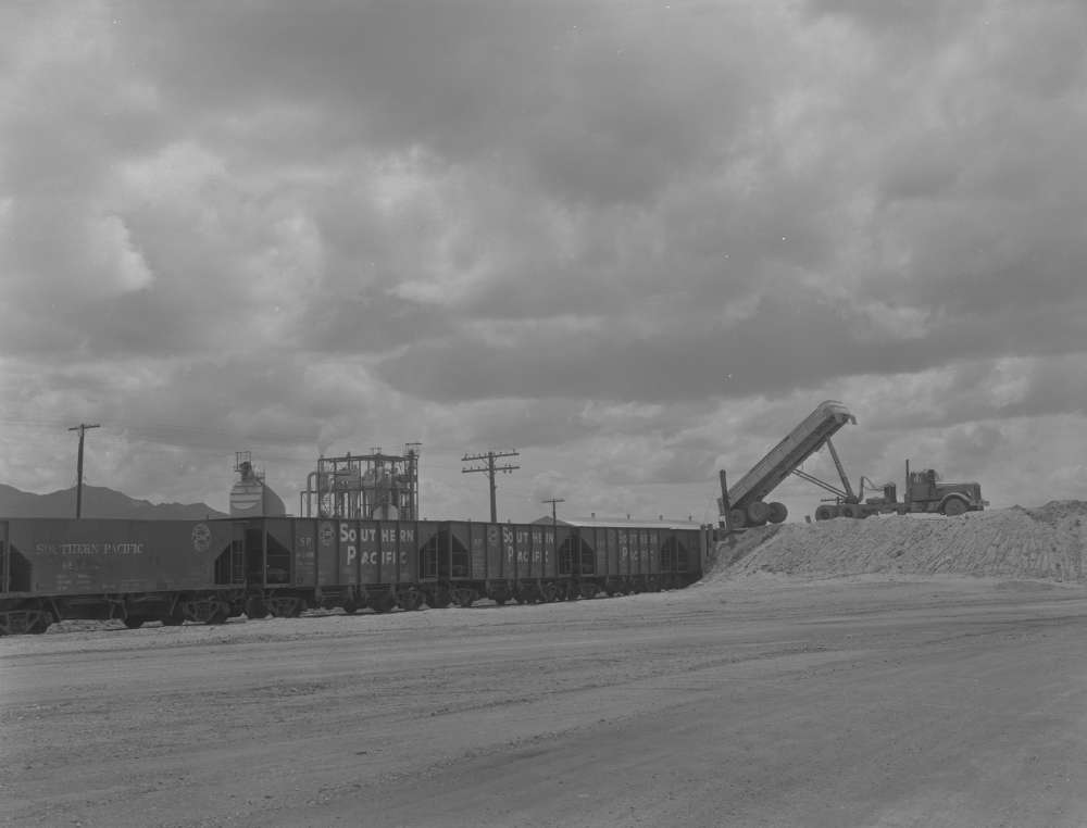 Eagle Picher diatomaceous earth plant in the background of iron ore loading in Lovelock, Nevada