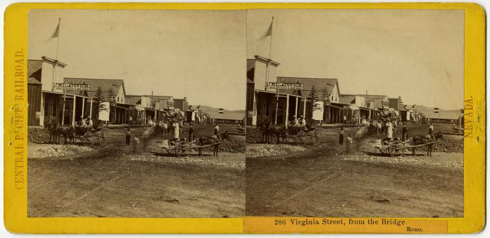 A stereo card showing a view of Virginia Street in Reno, Nevada