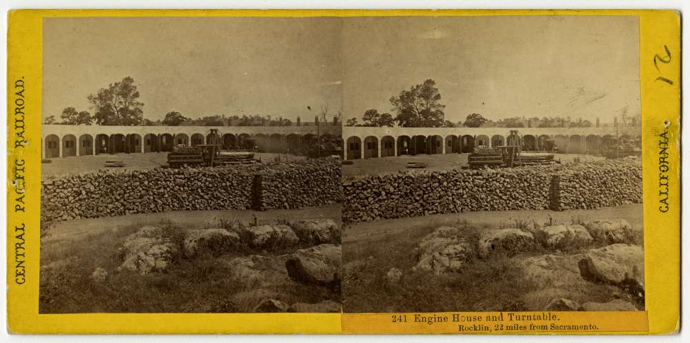 A stereo card showing Locomotive no. 45, sits on the turntables at the station in Rocklin