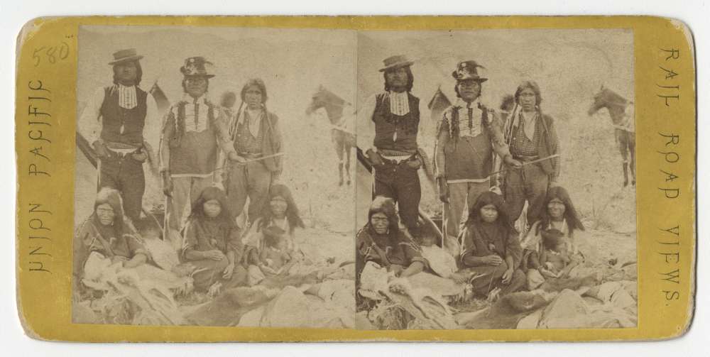 A stereo card showing Shoshone Indians