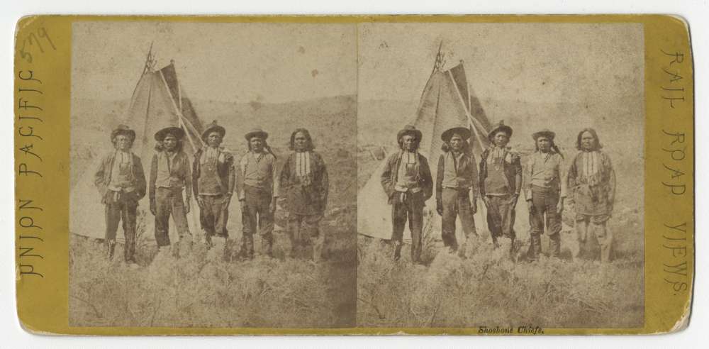 A stereo card showing Shoshone Chiefs