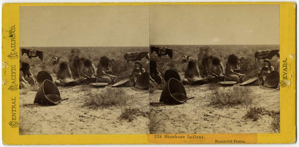A stereo card showing members of the Shoshone Nation sitting in the Humboldt Plains