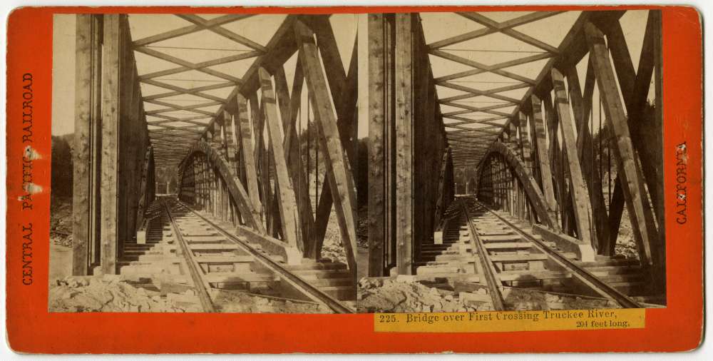 A Stereo card showing the trestle over the first crossing of the Truckee River that spans 204 feet