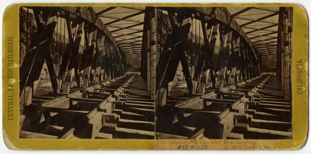 A Stereo card showing an image of the interior of the first crossing of the Truckee River