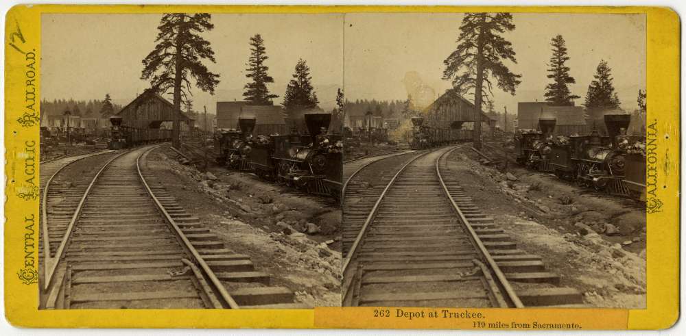 A Stereo card showing locomotives and boxcars at the depot at Truckee, California