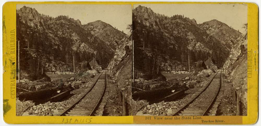 A Stereo card showing a view of the tracks along the Truckee River