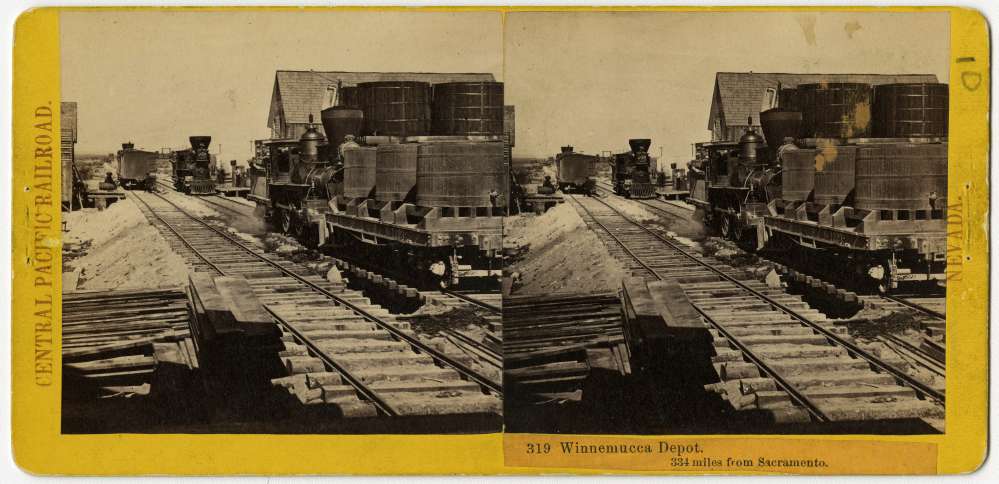 A stereo card showing three locomotives sitting on the tracks at the Winnemucca Depot