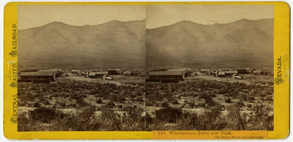 A stereo card showing Winnemucca Peak in the distance