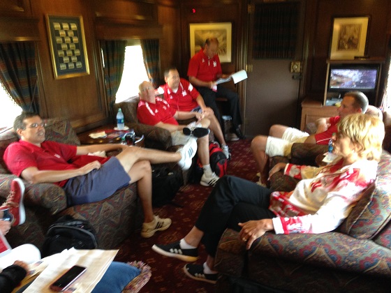 Coaches from Nebraska athletics take advantage of the 
opportunity to chat onboard Union Pacific
