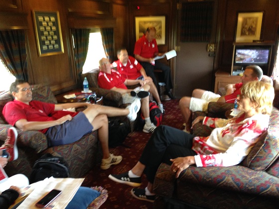 Coaches from Nebraska athletics take advantage of the
opportunity to chat onboard Union Pacific