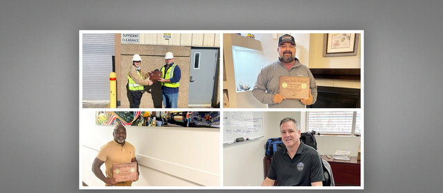 Union Pacific’s 18 Safety Manager of the Year Award recipients include, clockwise from left: Allan Breier, manager-Mechanical Maintenance, receives his plaque from Senior Manager Gregory Evans; Marco Acevedo, manager-Mechanical Maintenance; Jeff Lawrence, senior manager-Safety and Esser Williams, manager-Train Operations.