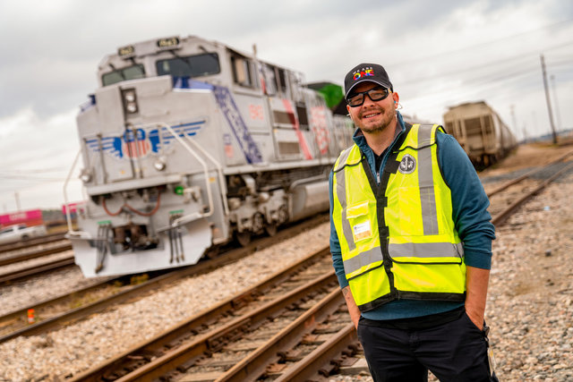 Brandon Vogel at a rail yard in Houston, Texas.