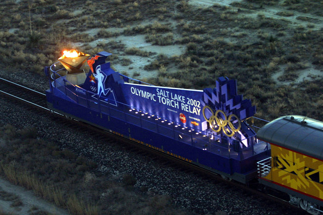The 2002 Salt Lake Olympic Torch Relay Cauldron Car, provided by Union Pacific, travels through the desert between Albuquerque, New Mexico, and Tuscon, Arizona, during the 2002 Salt Lake City Olympic Torch Relay.