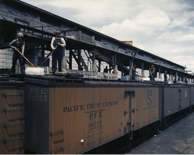 Employees icing Pacific Fruit Express (PFE) Cars at Laramie, Wyoming, 1944. Used as a Calendar Subject. Unknown photographer.