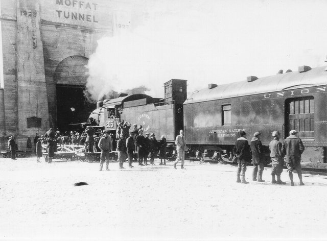 Moffat tunnel opens in Colorado on February 28, 1928 to great fanfare and celebration. Denver & Salt Lake railroad locomotive no. 205 pulled the first train through the six mile-long tunnel.