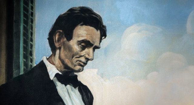 Illustration depicting President Abraham Lincoln signing the Pacific Railway Act of 1862, surrounded by government officials in a formal setting.