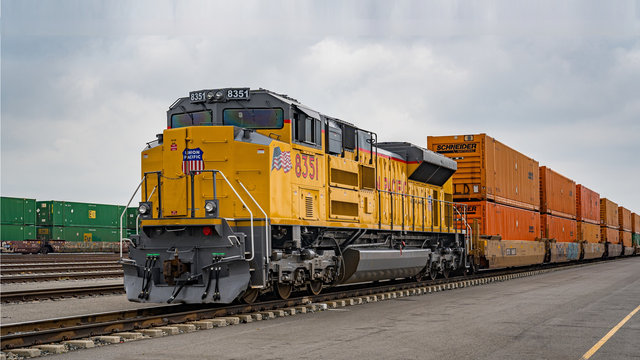UP 8351 leads an intermodal train at Inland Empire Intermodal Terminal.