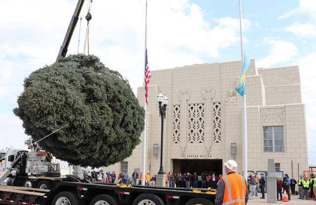 The Union Pacific crew uses a boom truck to unload the tree outside the Durham Museum. 