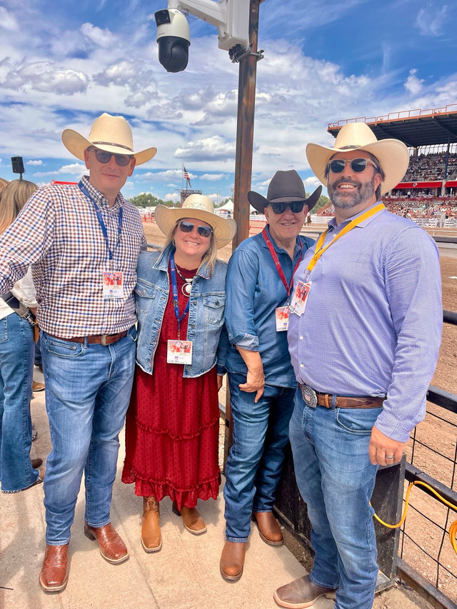 Union Pacific team members celebrating Frontier Days include, from left: John Turner, senior vice president- Operations; Liisa Stark, vice president-Public Affairs, CEO Jim Vena; and Nathan Anderson, senior director-Public Affairs.