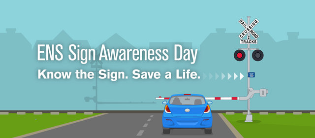 Emergency Notification Sign Awareness Day.  Look for the blue sign at each railroad crossing in case of an emergency.