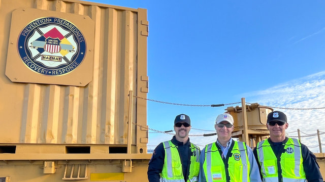 Chief Safety Officer Rod Doerr, center, joins members of the hazmat safety team during a recent hands-on field training