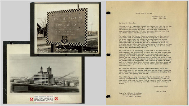 Top left: Union Pacific sold the land to Nestlé Purina in 1928. Bottom left: A 1928 rendering of the factory. Right: A letter dated in 1930 from then-Union Pacific President Carl Gray, praising the team at Nestlé Purina.