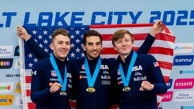 The U.S. Men’s Team Pursuit set a new world record at the 2025-26 Speed Skating World Cup last fall in Salt Lake City, Utah. Team members (left to right): Casey Dawson, Emery Lehman and Ethan Cepuran.