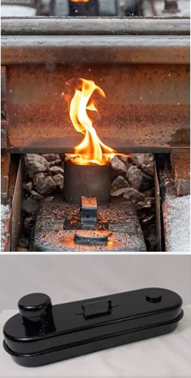 Top: More than 300 smudge pots were placed in locations without switch heaters to prevent critical infrastructure from freezing. Bottom: A close-up view of the smudge pot device.