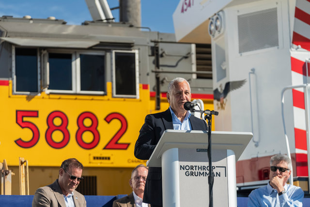 Union Pacific CEO Jim Vena speaks at the June 2 ceremony marking the Artemis III rocket parts shipment and christening of No. 4547, Union Pacific’s newest commemorative locomotive.