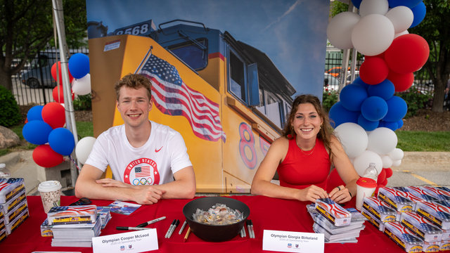 McLeod and Birkeland sign autographs at Union Pacific's Family Day celebration.