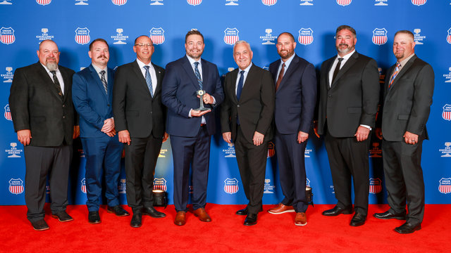 From left: Adam Coleman, yardperson; Adam Tomjack, director-Mechanical Operations; Steven Bybee, senior vice president-Operations; Brandon Vogel, general superintendent, Transportation; Jim Vena, CEO; Ryan Medellin, senior manager-Train Operations; Brian McGavock, general manager, Transportation; and Glynn Neel, construction foreperson.