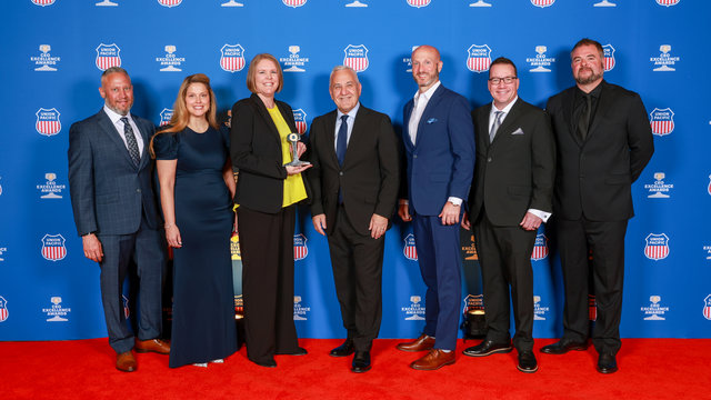 From left: Sean Dowler, manager-corridor, HDC; Danita Meyer, senior director-Train Management; Sarah Dennis, train dispatcher; Jim Vena, CEO; Joel Cole, senior manager-corridor; and Jason Elliott, director-Dispatching Practices and Workforce; and Mike Santa Maria, vice president-Harriman Dispatching Center and Network Operations.