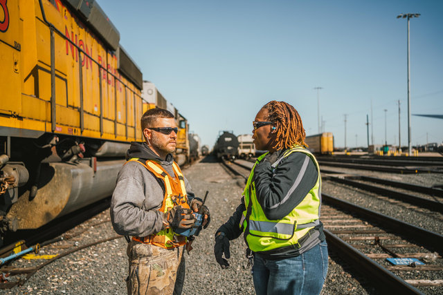 Yardperson Davida Flowers speaks with an RCL operator in Houston, Texas.