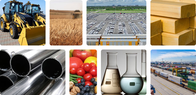Collage of images; a mechanical shovel, a wheat field, parking lots, stacked wooden planks, metal pipes, fruits, labware and container traffic.