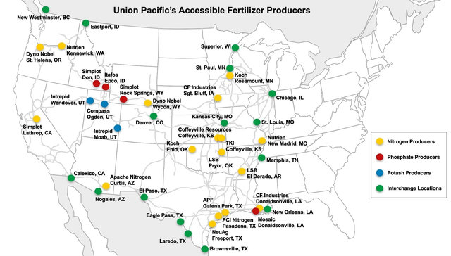 Map of union pacific's acessible fertilizer producers