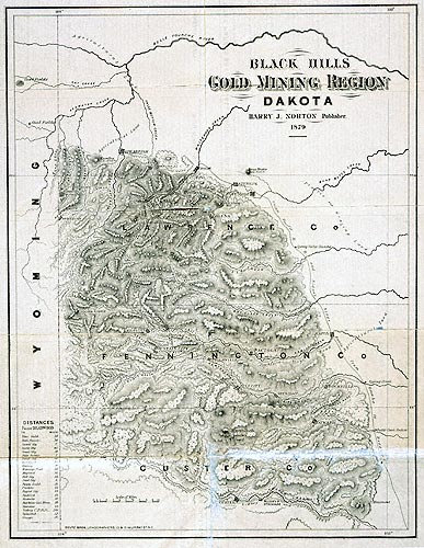 Historic map showing Union Pacific railroad routes through the Black Hills region, with labeled towns, rail lines, and topographical features.