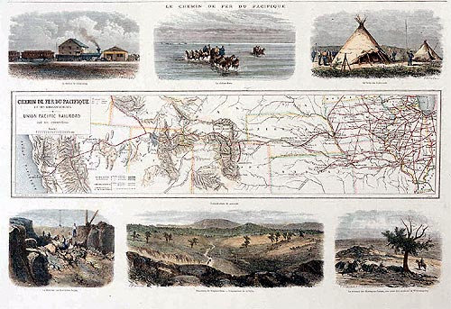Map from 1869 depicting the completed transcontinental railroad route across the United States, showing the Union Pacific and Central Pacific lines meeting at Promontory Summit.