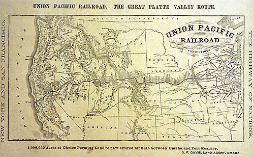 Detailed historical map from around 1869 showing the full transcontinental railroad route, with surrounding territories, state boundaries, and connecting lines.