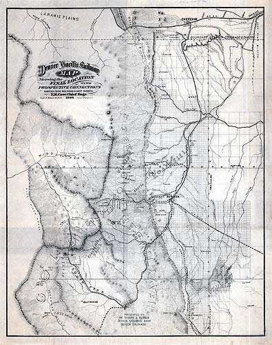 Historic map showing the proposed Denver Pacific Railway route connecting Denver to the Union Pacific main line, with regional towns and topographical details.